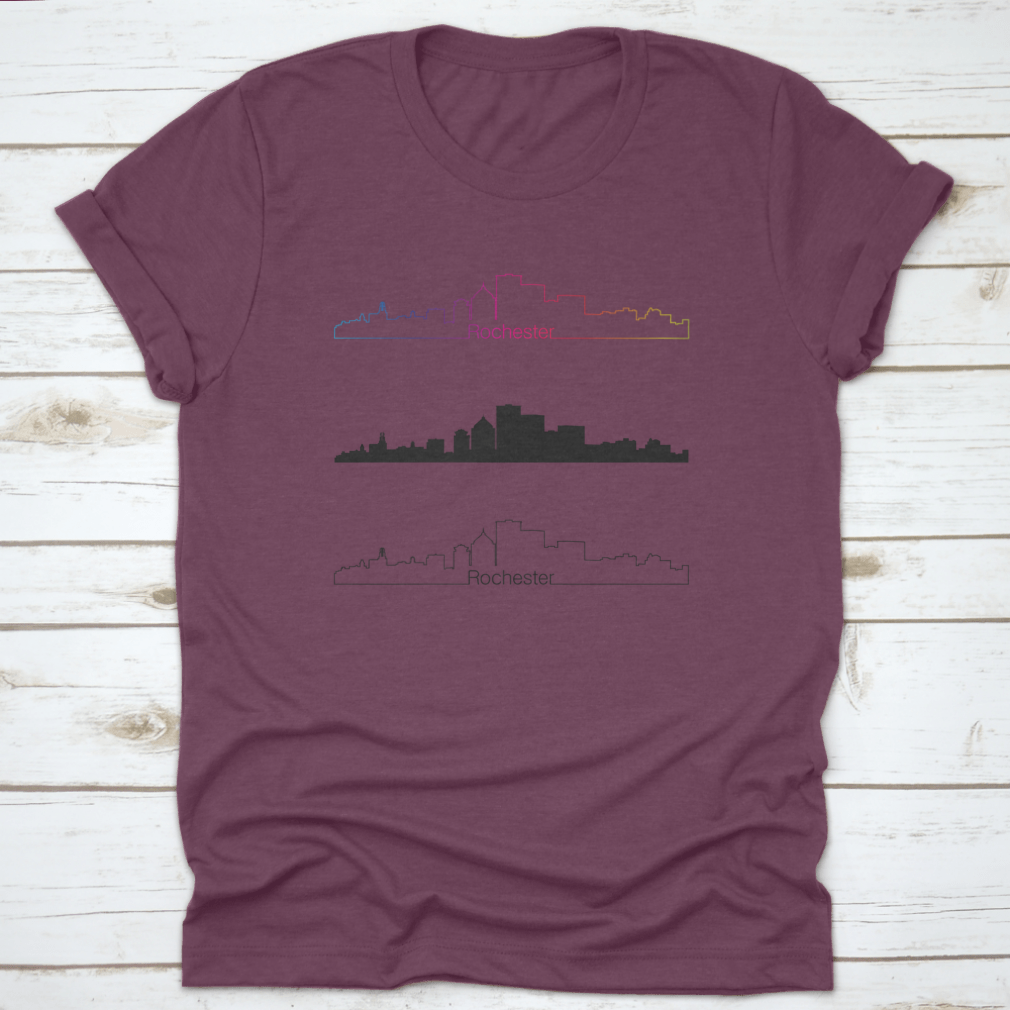 Rochester City Skyline design featuring a rainbow in a monochrome linear style, printed on a comfortable cotton shirt.