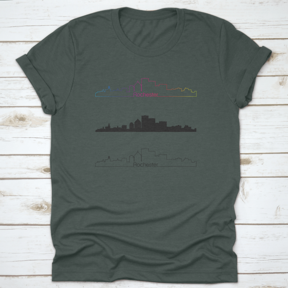 Rochester City Skyline design featuring a rainbow in a monochrome linear style, printed on a comfortable cotton shirt.