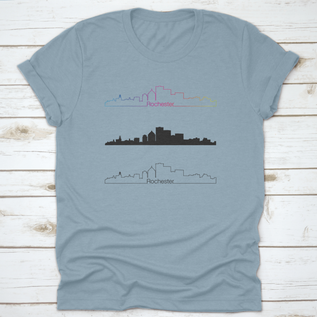 Rochester City Skyline design featuring a rainbow in a monochrome linear style, printed on a comfortable cotton shirt.