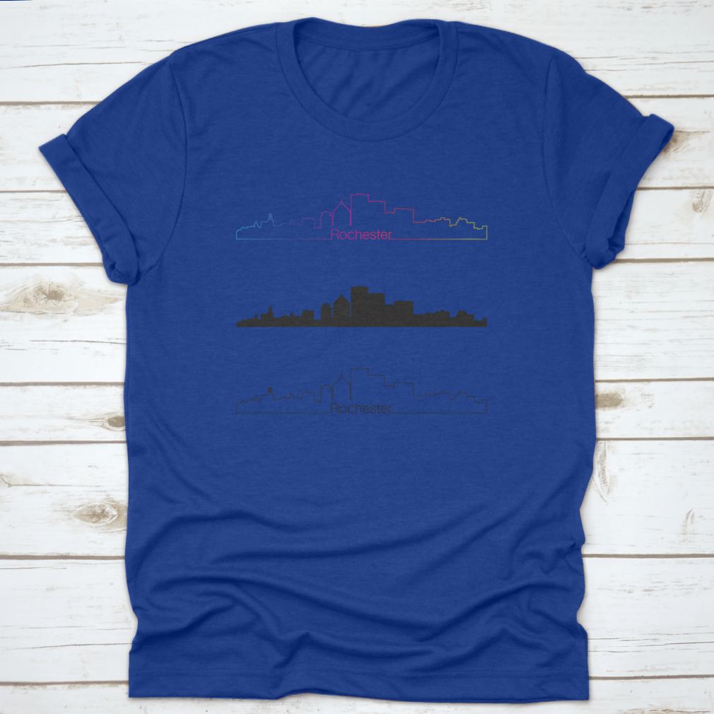 Rochester City Skyline design featuring a rainbow in a monochrome linear style, printed on a comfortable cotton shirt.