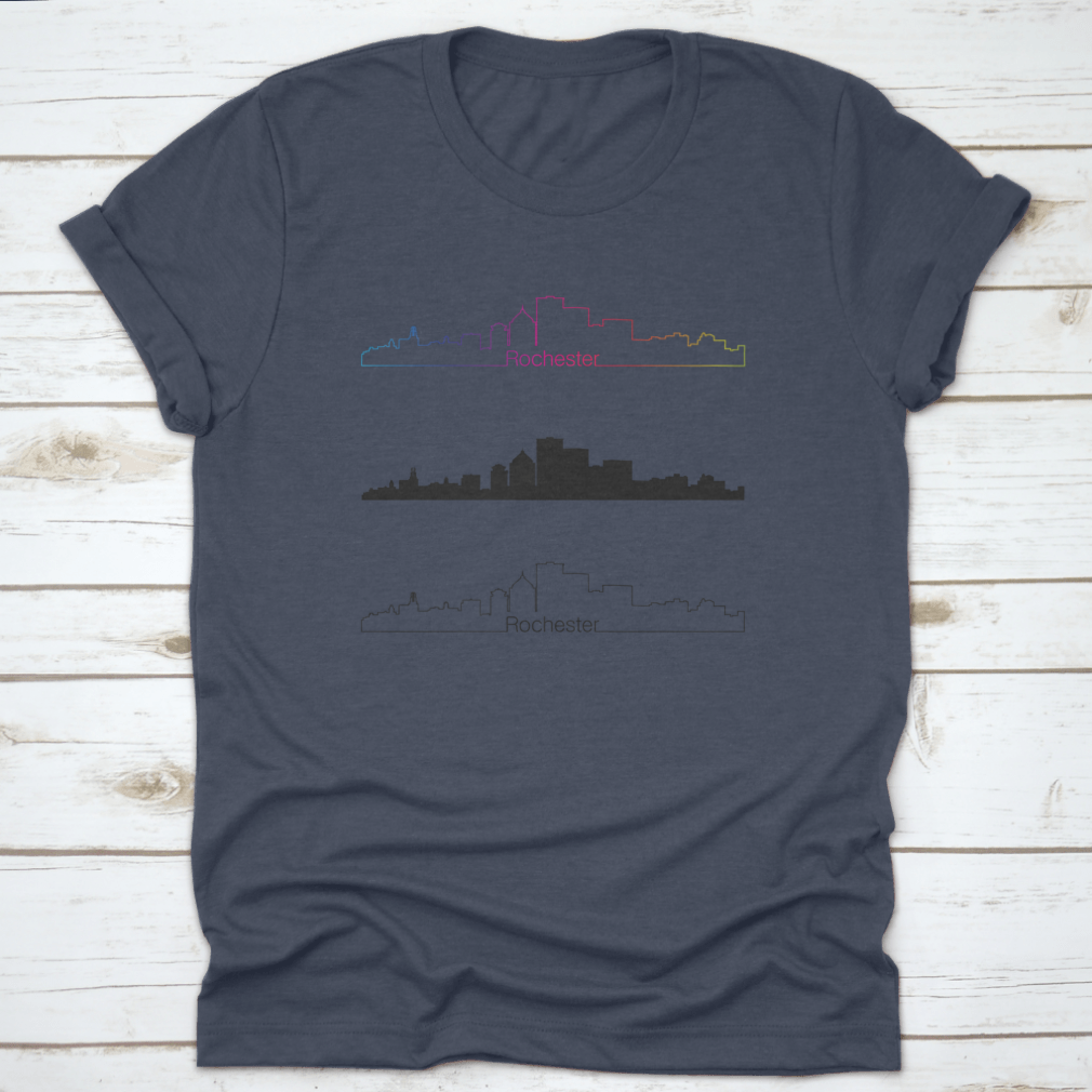 Rochester City Skyline design featuring a rainbow in a monochrome linear style, printed on a comfortable cotton shirt.