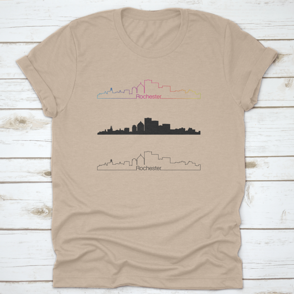 Rochester City Skyline design featuring a rainbow in a monochrome linear style, printed on a comfortable cotton shirt.