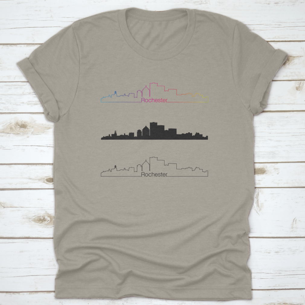 Rochester City Skyline design featuring a rainbow in a monochrome linear style, printed on a comfortable cotton shirt.