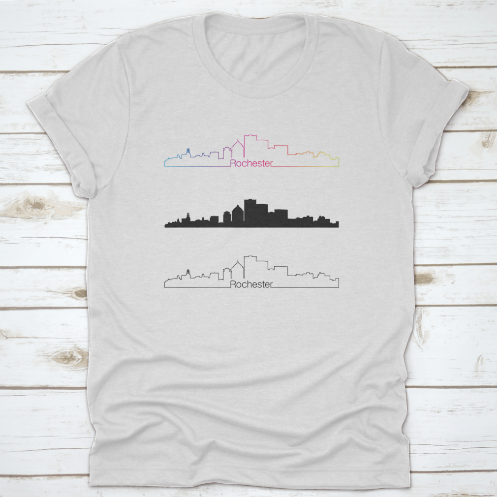 Rochester City Skyline design featuring a rainbow in a monochrome linear style, printed on a comfortable cotton shirt.