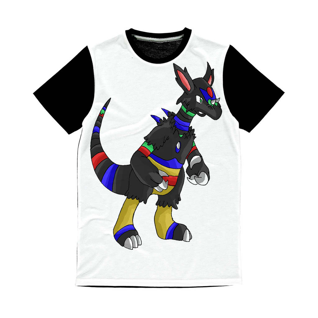 Rocino Classic Sublimation Panel T-Shirt featuring a vibrant front design and plain black back, ideal for sublimation printing.