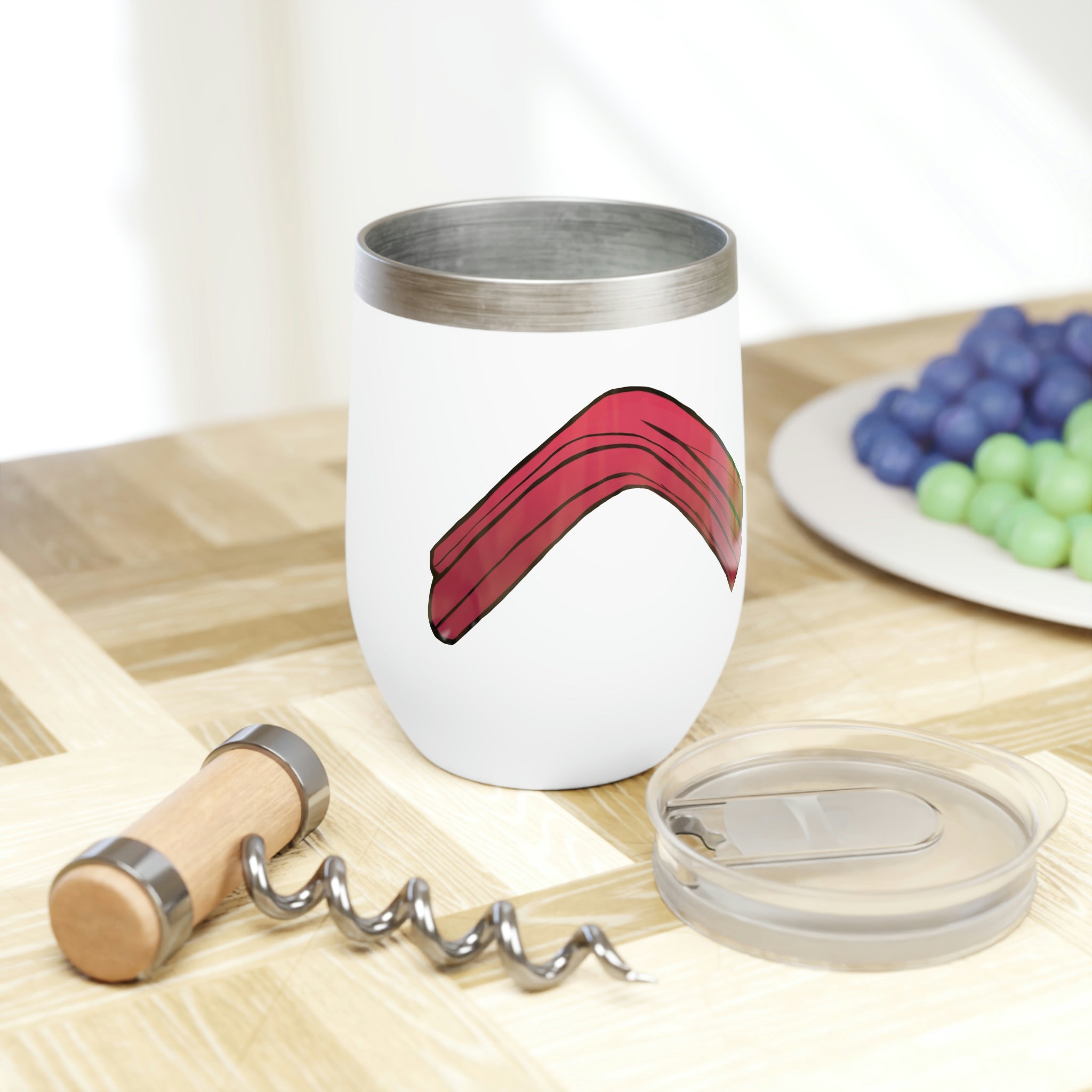 Rock Chill Wine Tumbler in stainless steel with customizable design, showcasing its double-insulated walls and stemless shape.