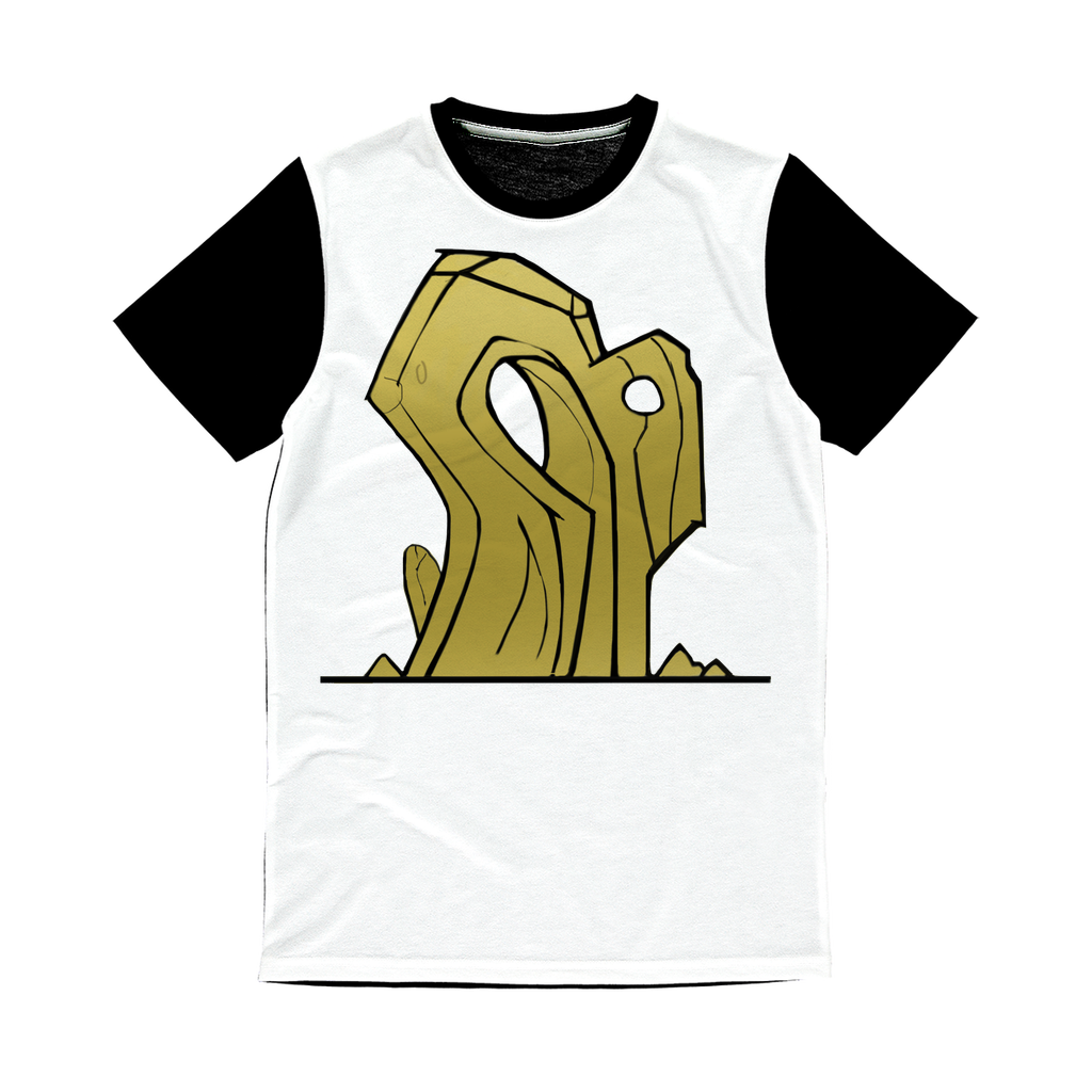 Rock Classic Sublimation Panel T-Shirt featuring a vibrant front design and plain black back, ideal for sublimation printing.