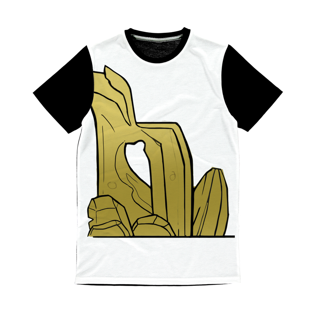 Rock Classic Sublimation Panel T-Shirt featuring a vibrant front design and a plain black back, ideal for sublimation printing.