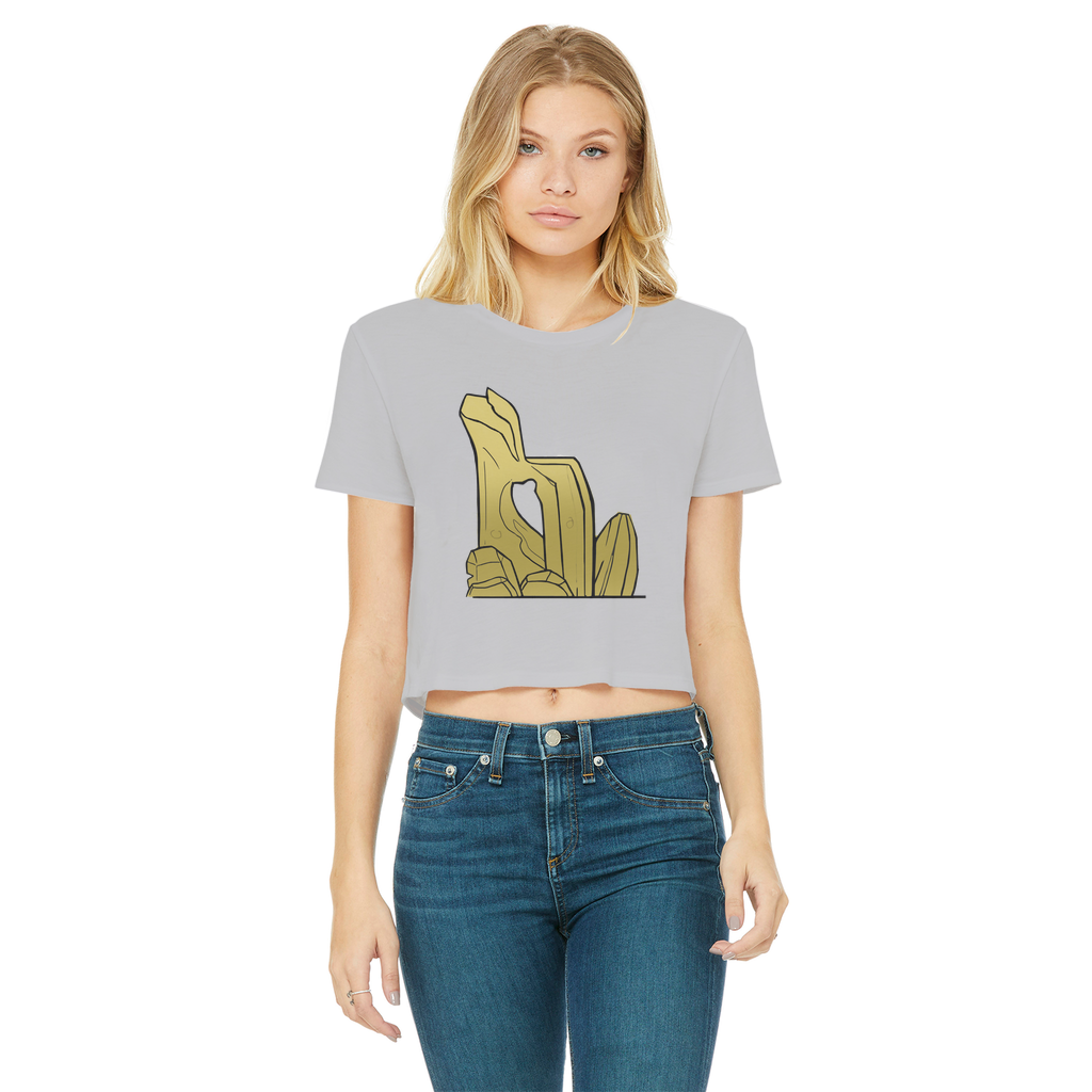 Rock Classic Women's Cropped Raw Edge T-Shirt in various colors with a raw edge hem and round neck design.