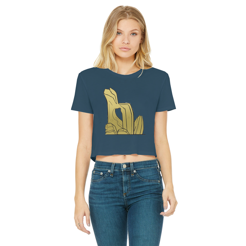 Rock Classic Women's Cropped Raw Edge T-Shirt in various colors with a raw edge hem and round neck design.
