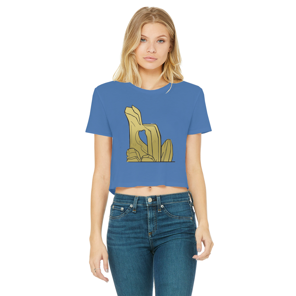 Rock Classic Women's Cropped Raw Edge T-Shirt in various colors with a raw edge hem and round neck design.