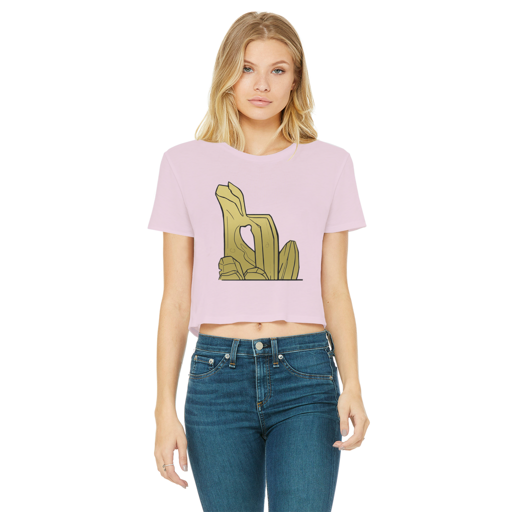 Rock Classic Women's Cropped Raw Edge T-Shirt in various colors with a raw edge hem and round neck design.