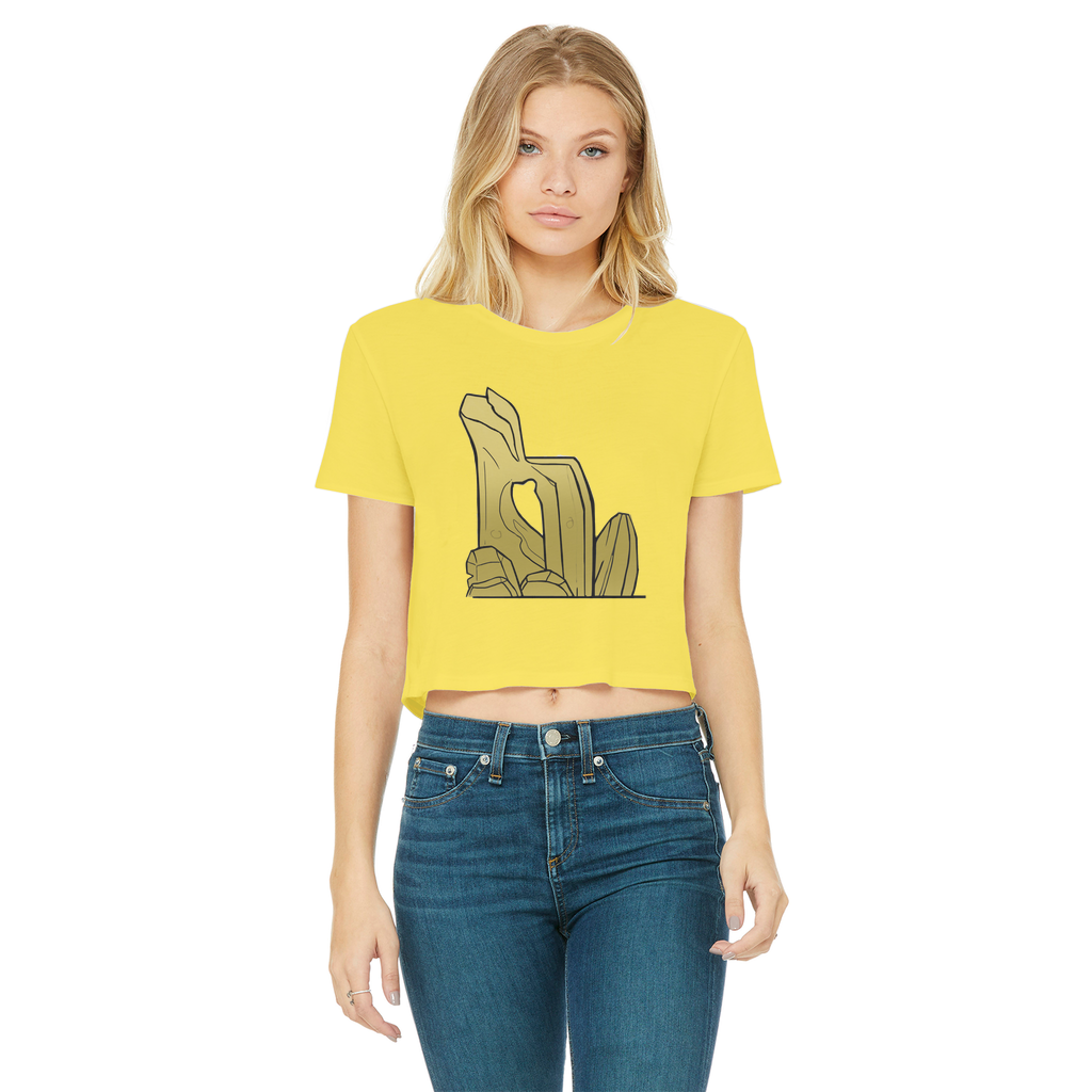 Rock Classic Women's Cropped Raw Edge T-Shirt in various colors with a raw edge hem and round neck design.