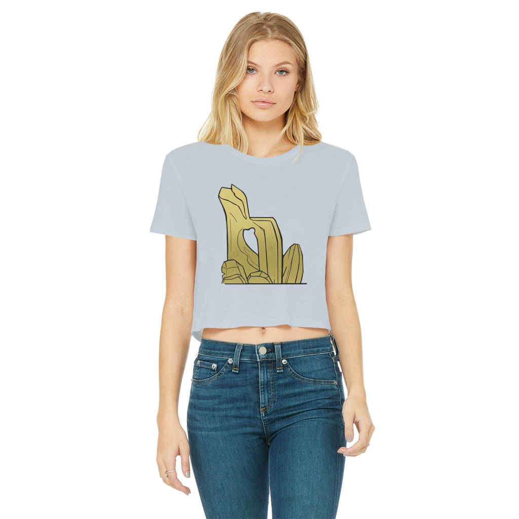 Rock Classic Women's Cropped Raw Edge T-Shirt in various colors with a raw edge hem and round neck design.