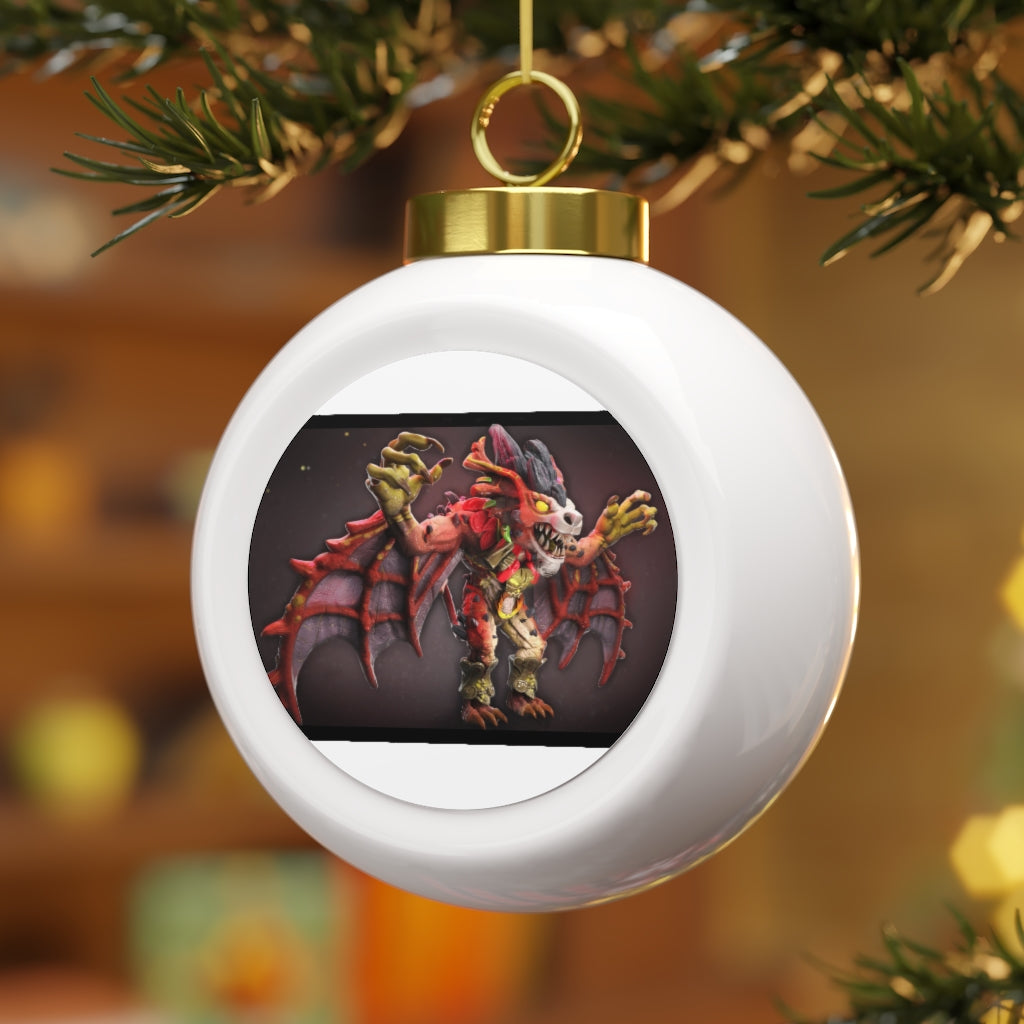 Rock Creature Christmas Ball Ornament with glossy finish and gold ribbon, featuring a vintage design and custom metal insert.