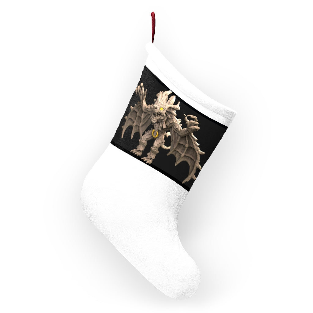 Rock Creature Christmas Stockings made of soft polyester fleece, featuring a festive design and a twill ribbon hanging loop.