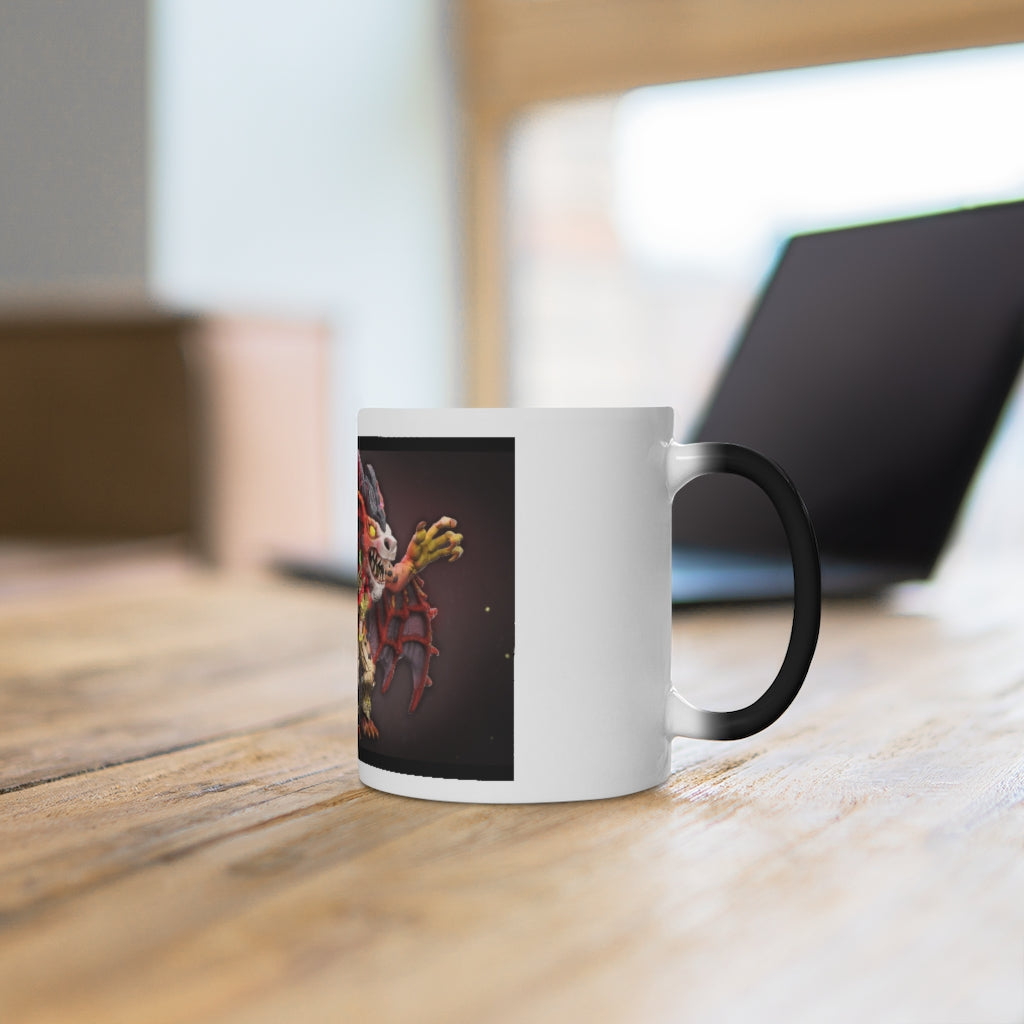 A whimsical Rock Creature Color Changing Mug showcasing vibrant colors as it transforms with hot liquid, featuring a C-handle and rounded corners.