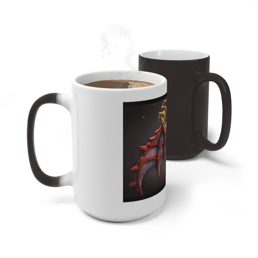 A whimsical Rock Creature Color Changing Mug showcasing vibrant colors as it transforms with hot liquid, featuring a C-handle and rounded corners.