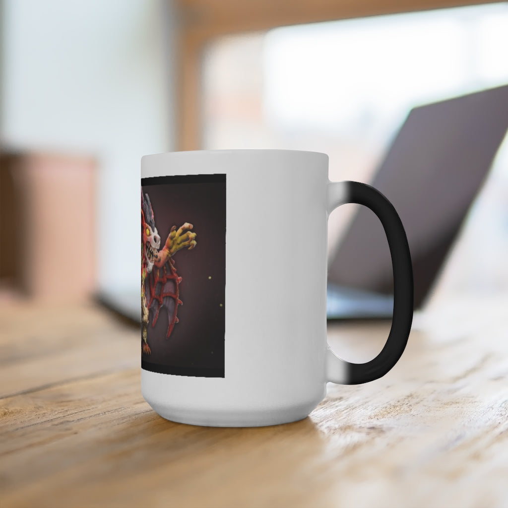 A whimsical Rock Creature Color Changing Mug showcasing vibrant colors as it transforms with hot liquid, featuring a C-handle and rounded corners.
