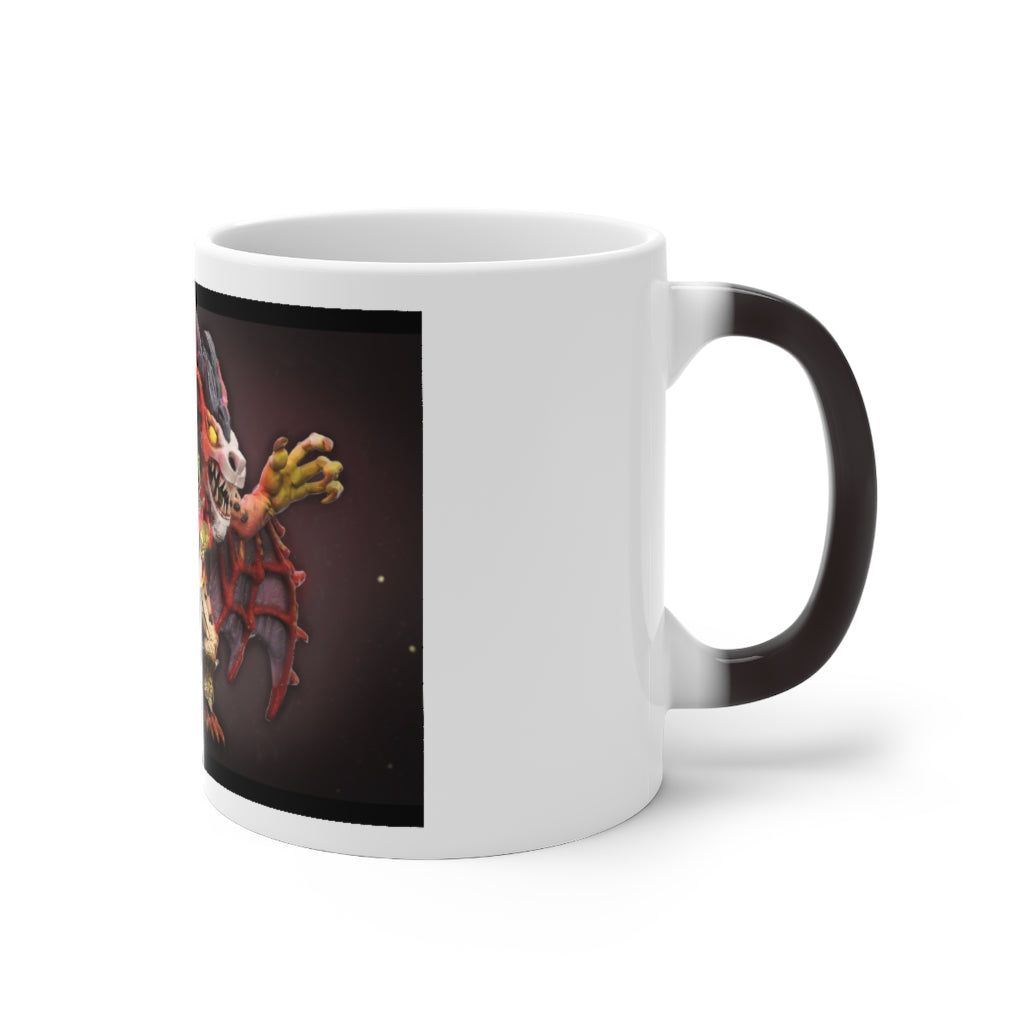 A whimsical Rock Creature Color Changing Mug showcasing vibrant colors as it transforms with hot liquid, featuring a C-handle and rounded corners.