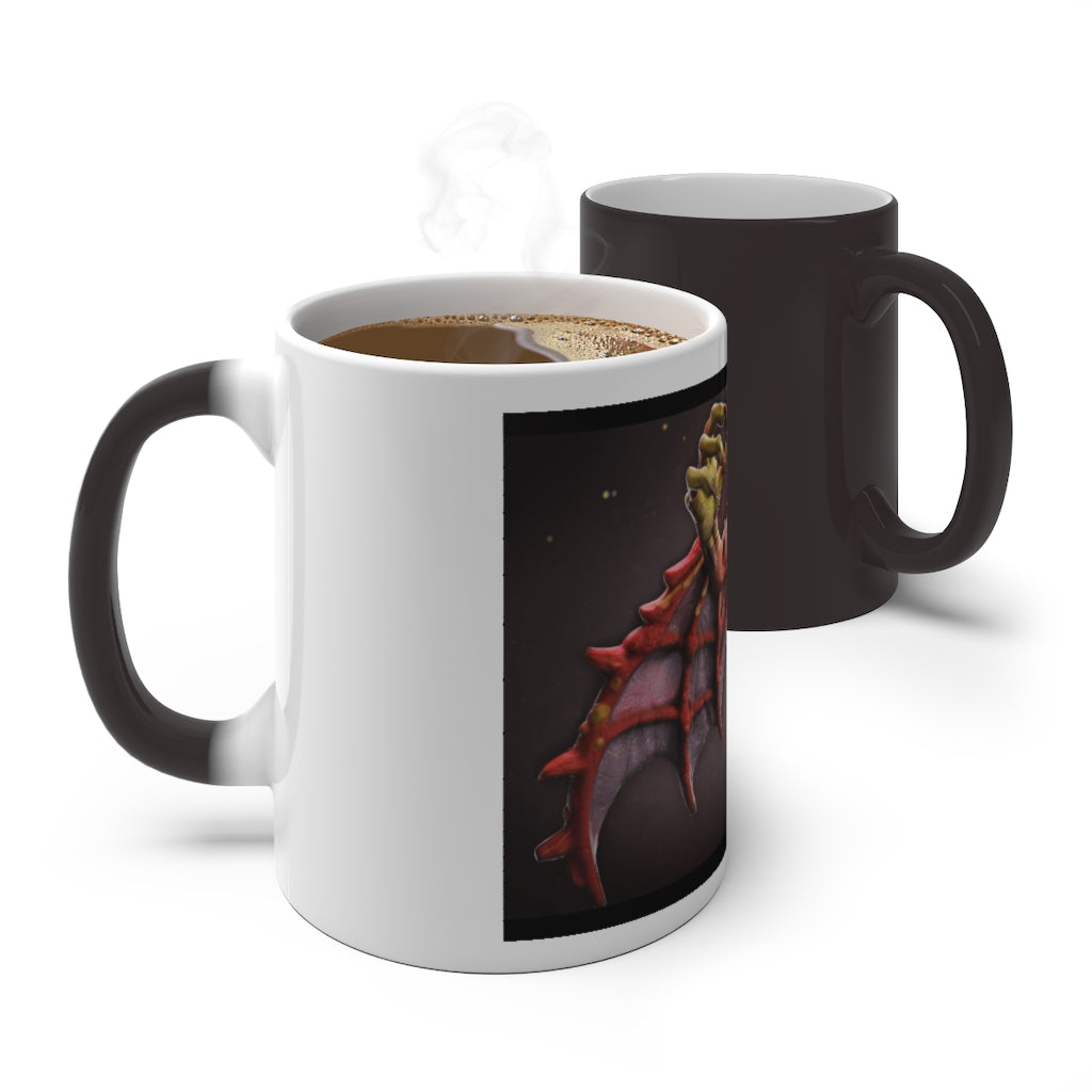 A whimsical Rock Creature Color Changing Mug showcasing vibrant colors as it transforms with hot liquid, featuring a C-handle and rounded corners.