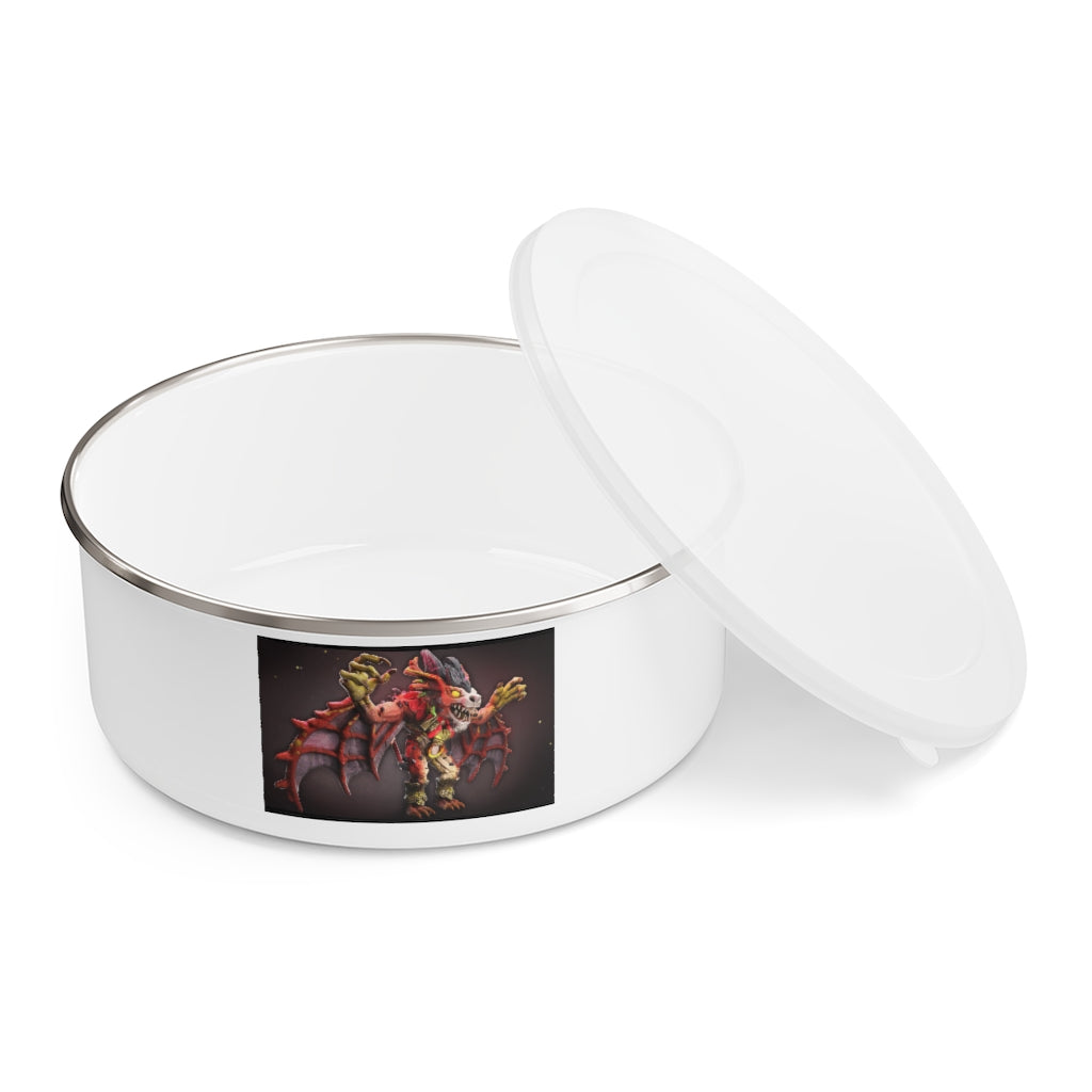 Rock Creature Enamel Bowl featuring a stylish design, translucent lid, and anti-slip backing, available in three sizes.