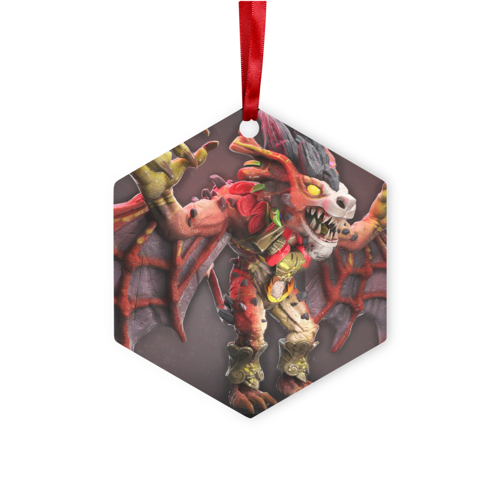 Rock Creature Metal Hanging Ornament in hexagon and star shapes, featuring a glossy white finish and red ribbon for hanging.