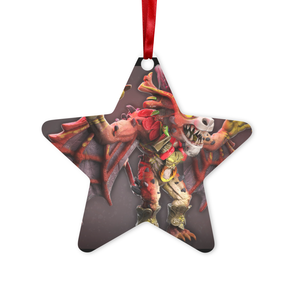 Rock Creature Metal Hanging Ornament in hexagon and star shapes, featuring a glossy white finish and red ribbon for hanging.