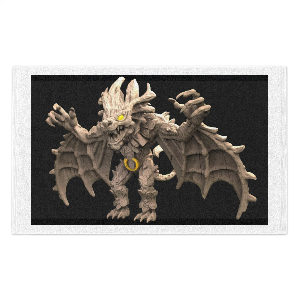 Rock Creature Rally Towel measuring 11x18 inches, featuring a soft printed mink polyester front and absorbent cotton loop backing.