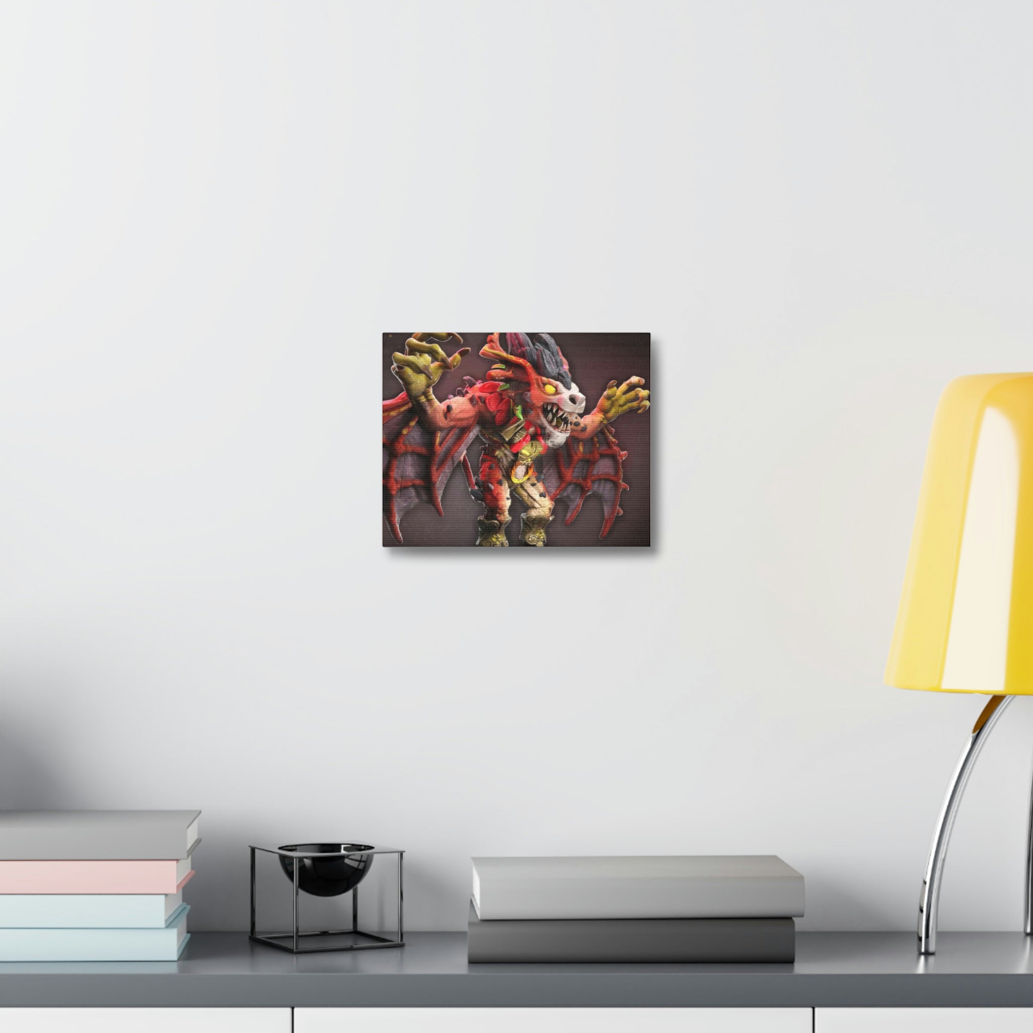 Rock Creature Stretched Canvas artwork displayed on a wall, showcasing vibrant colors and intricate details.