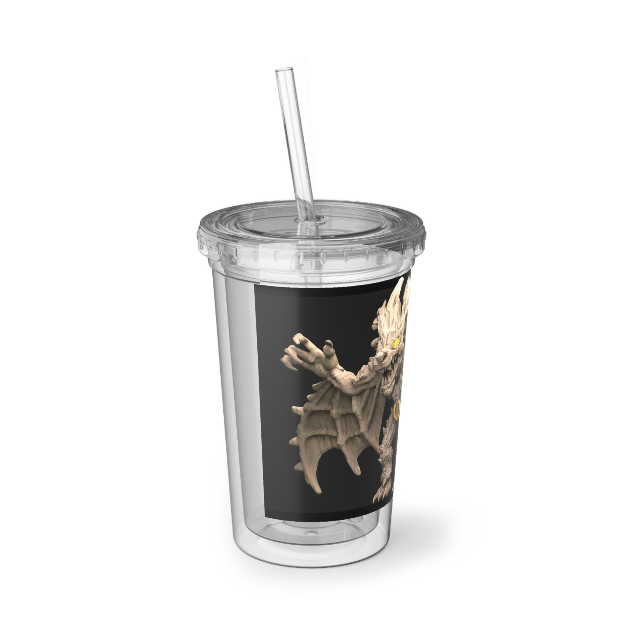 Rock Creature Suave Acrylic Cup with double-wall insulation, featuring a vibrant customizable design, plastic lid, and straw.