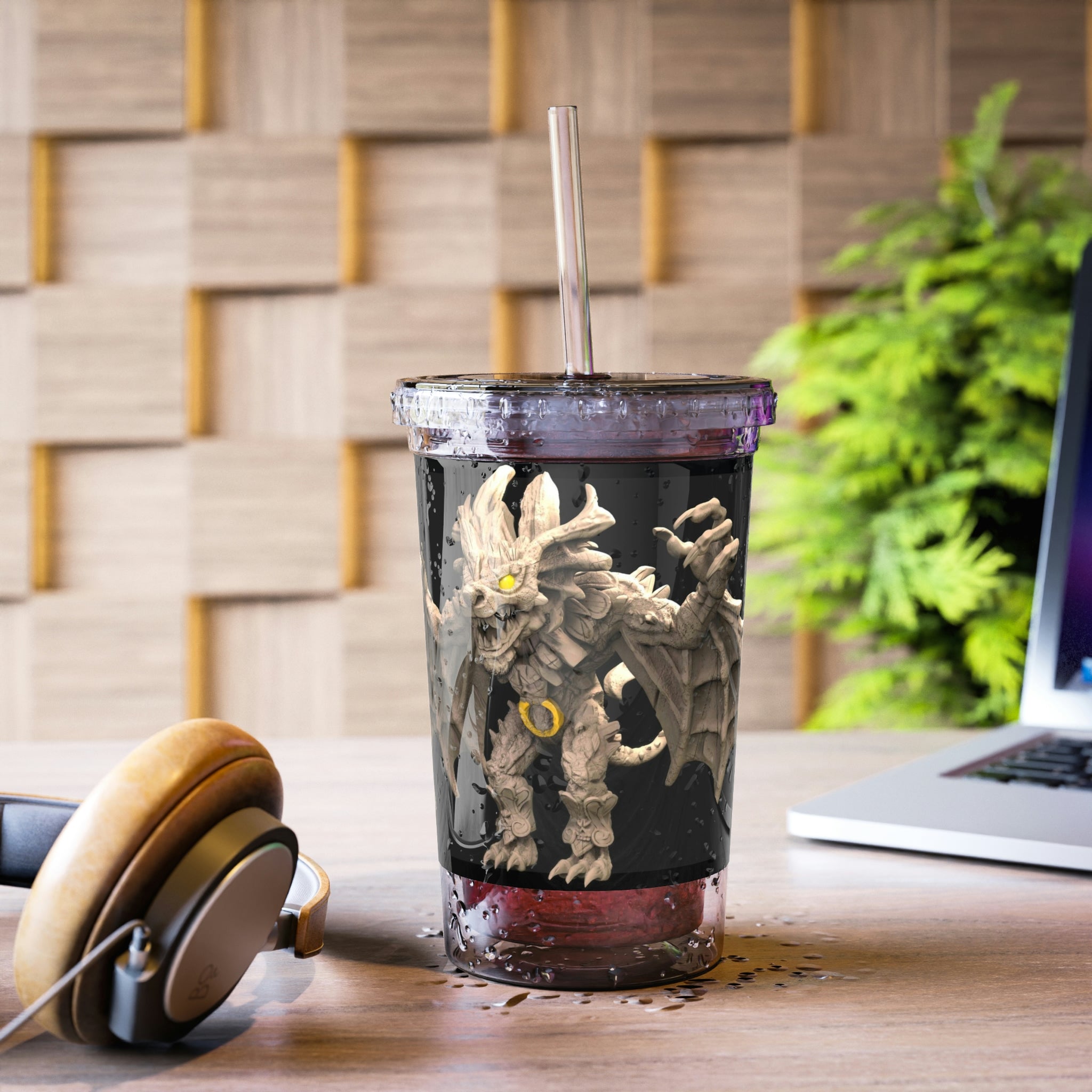 Rock Creature Suave Acrylic Cup with double-wall insulation, featuring a vibrant customizable design, plastic lid, and straw.