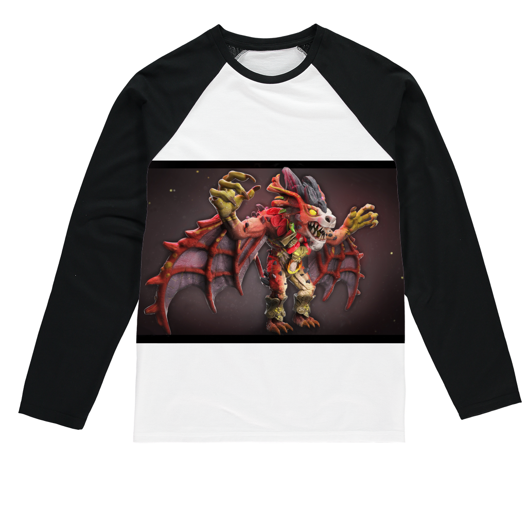 Rock Creature Sublimation Baseball Long Sleeve T-Shirt featuring a crew neck and long sleeves, made from a mixed fabric blend for comfort and durability.