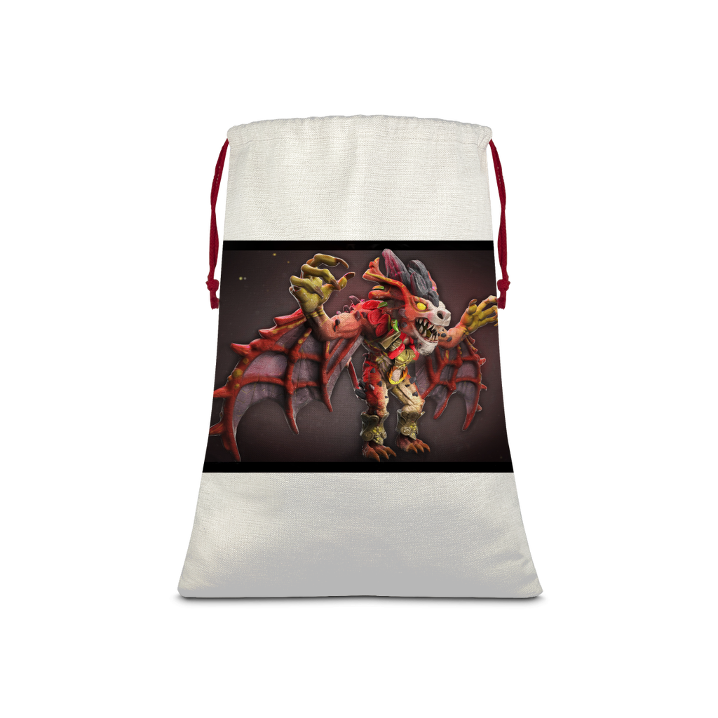 Rock Creature Sublimation Linen Drawstring Sack with red drawstring, featuring a linen effect design, ideal for Christmas gifts and laundry.