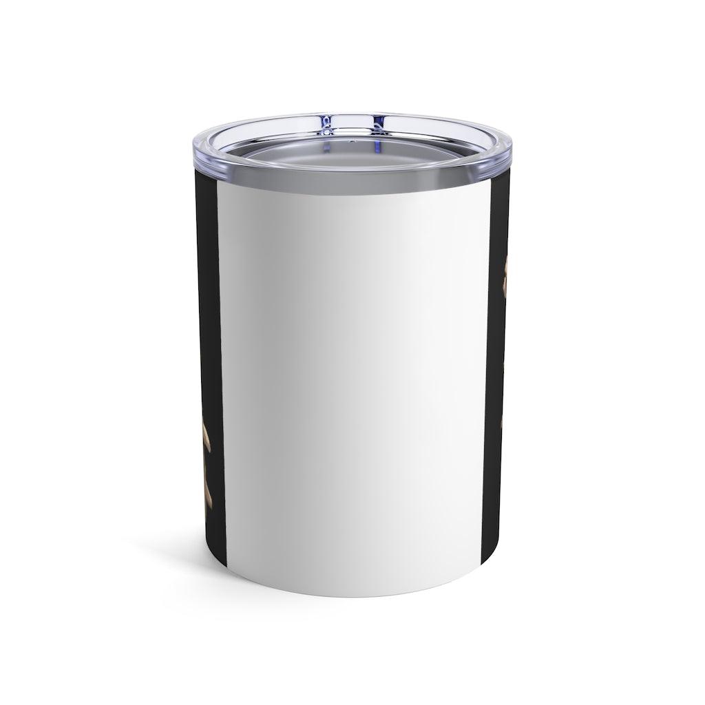 Rock Creature Tumbler 10oz made of stainless steel with a see-thru plastic lid, showcasing its sleek design and rounded corners.