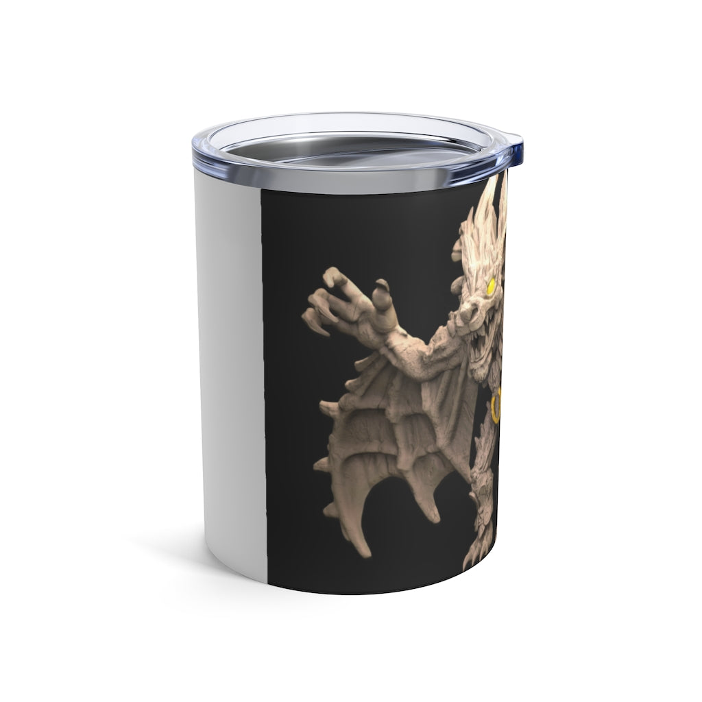 Rock Creature Tumbler 10oz made of stainless steel with a see-thru plastic lid, showcasing its sleek design and rounded corners.