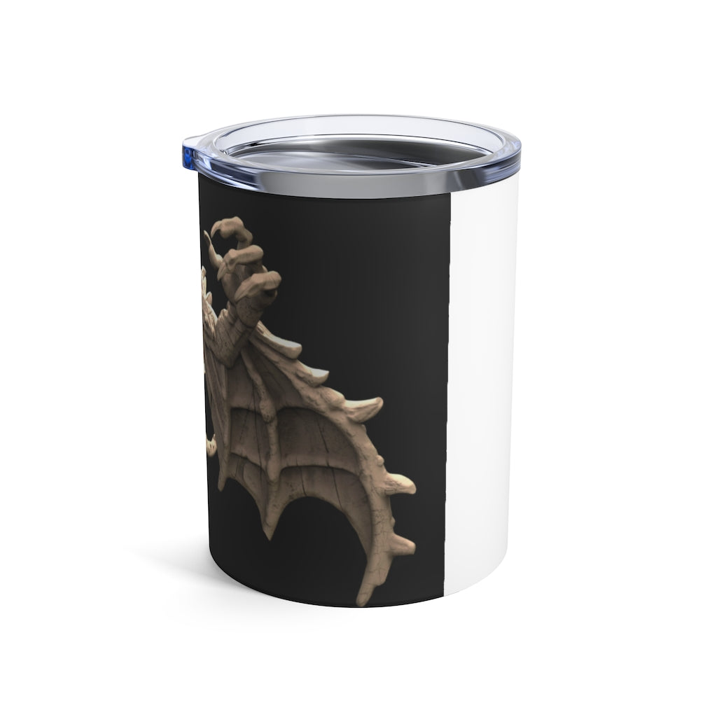 Rock Creature Tumbler 10oz made of stainless steel with a see-thru plastic lid, showcasing its sleek design and rounded corners.
