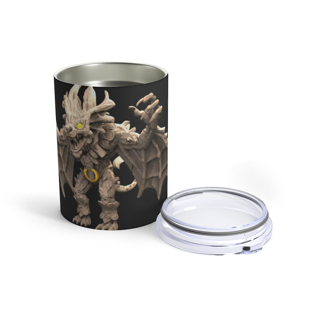 Rock Creature Tumbler 10oz made of stainless steel with a see-thru plastic lid, showcasing its sleek design and rounded corners.