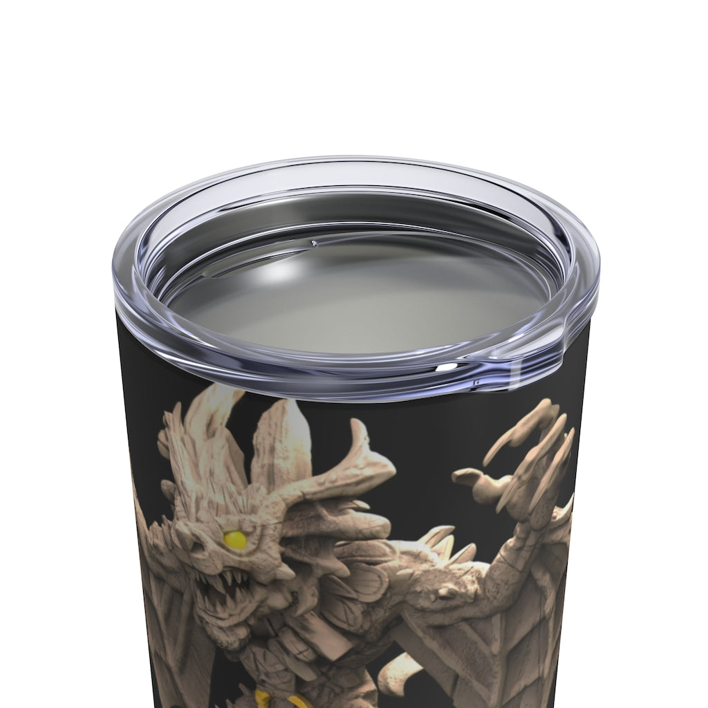 Rock Creature Tumbler 10oz made of stainless steel with a see-thru plastic lid, showcasing its sleek design and rounded corners.