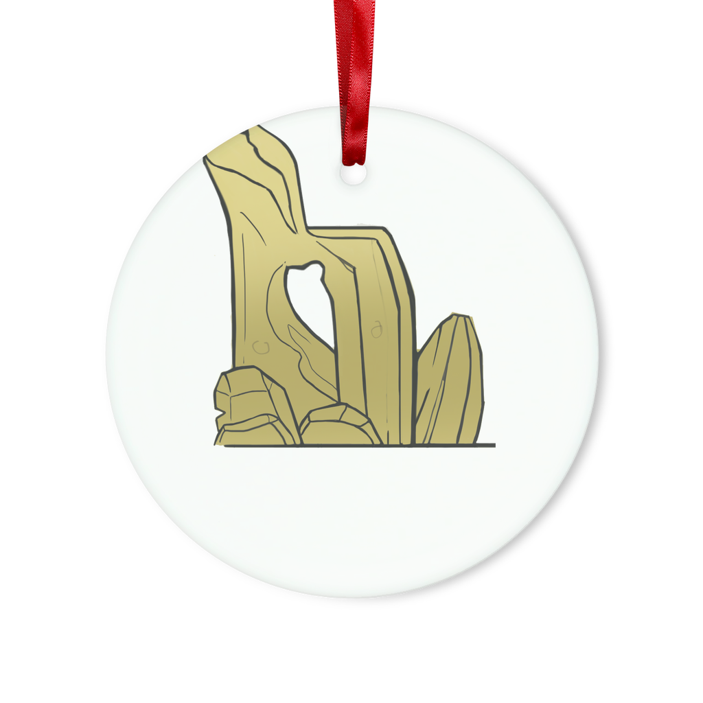 Rock Glass Hanging Ornament in round and heart shapes with red ribbon and gold string, elegantly packaged in a white box.