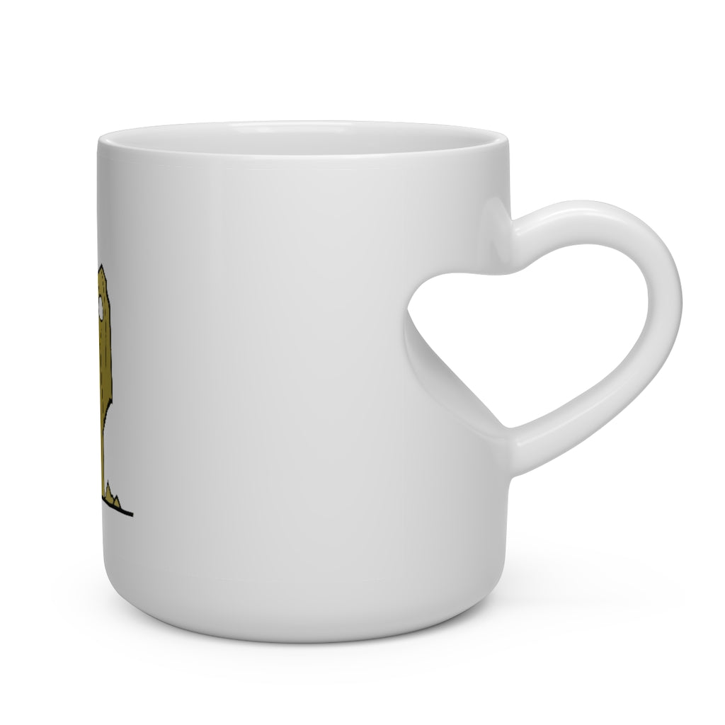 A white ceramic mug shaped like a heart with a heart-shaped handle, perfect for hot beverages.