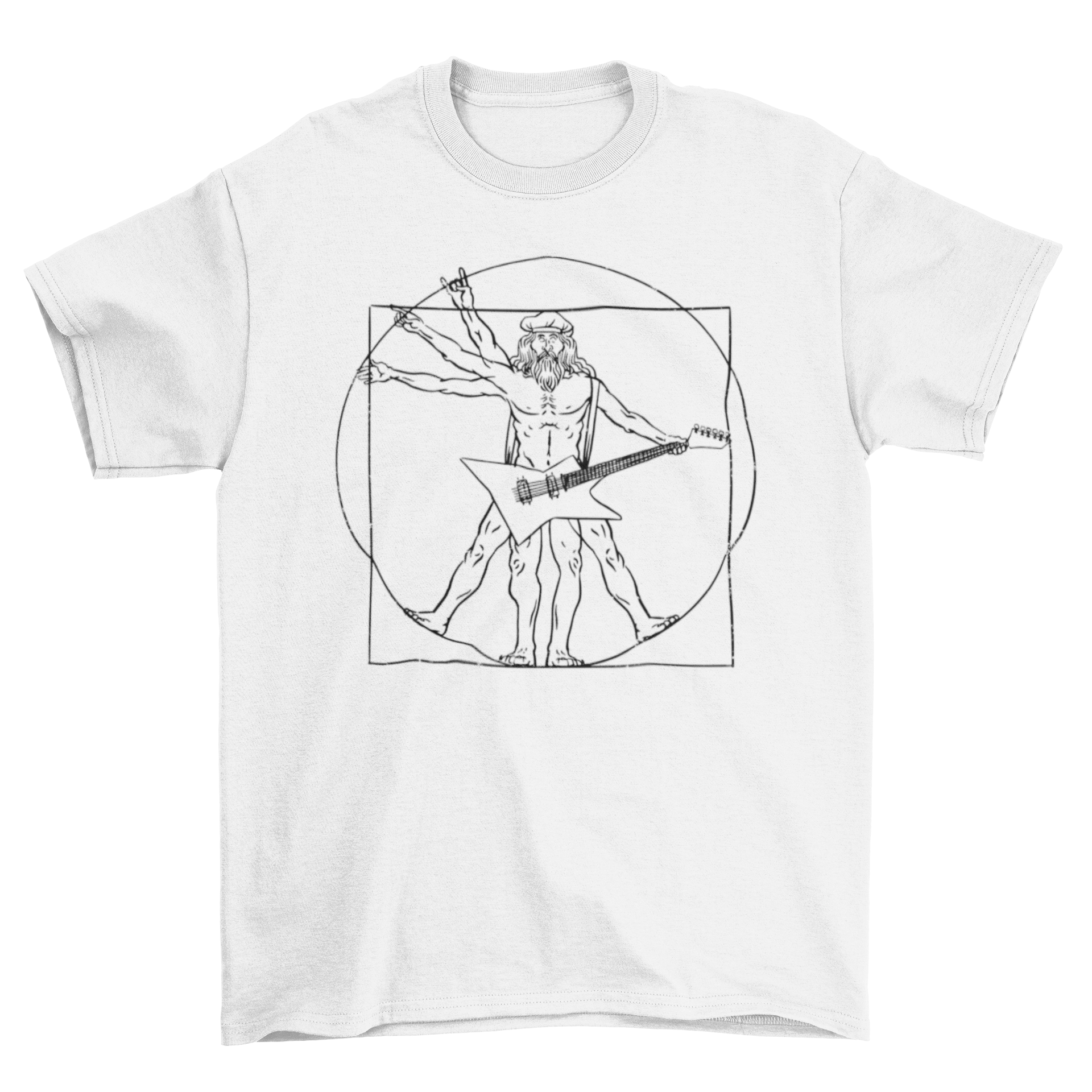 A stylish t-shirt featuring a rock man illustration holding an electric guitar, perfect for music lovers.
