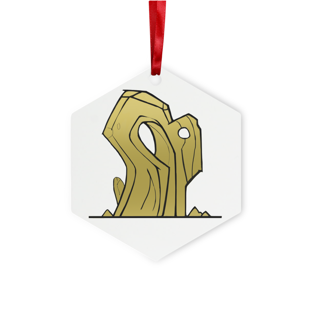 Rock Metal Hanging Ornament in hexagon and star shapes, featuring a gloss white finish and red ribbon for hanging.