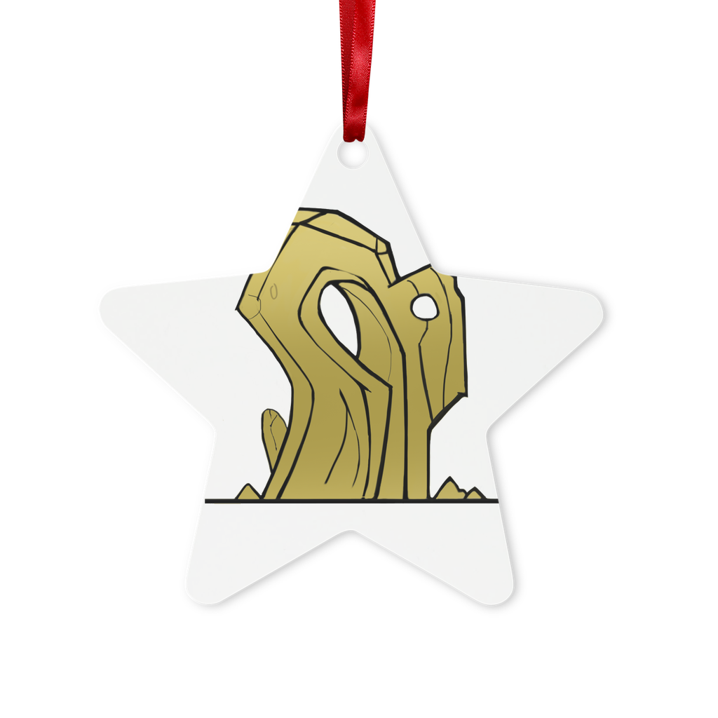 Rock Metal Hanging Ornament in hexagon and star shapes, featuring a gloss white finish and red ribbon for hanging.