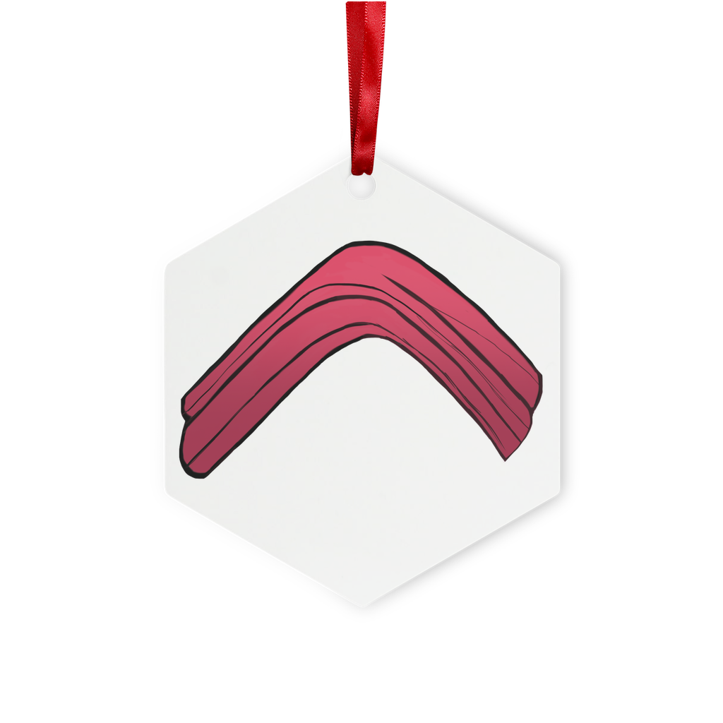 Rock Metal Hanging Ornament in hexagon and star shapes, glossy white finish with red ribbon and gold string, beautifully packaged in a white box.