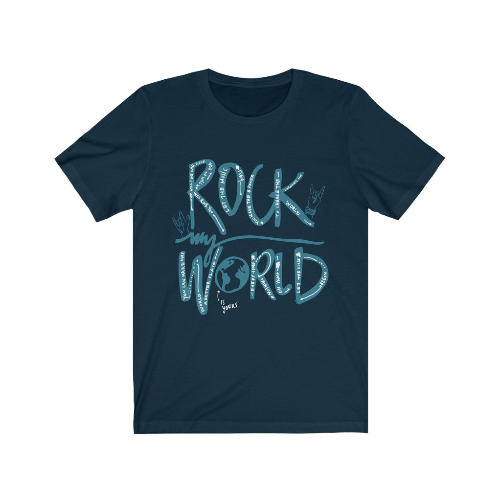 Rock my World T-Shirt featuring a vibrant vinyl print on soft cotton fabric, designed for a unisex fit.