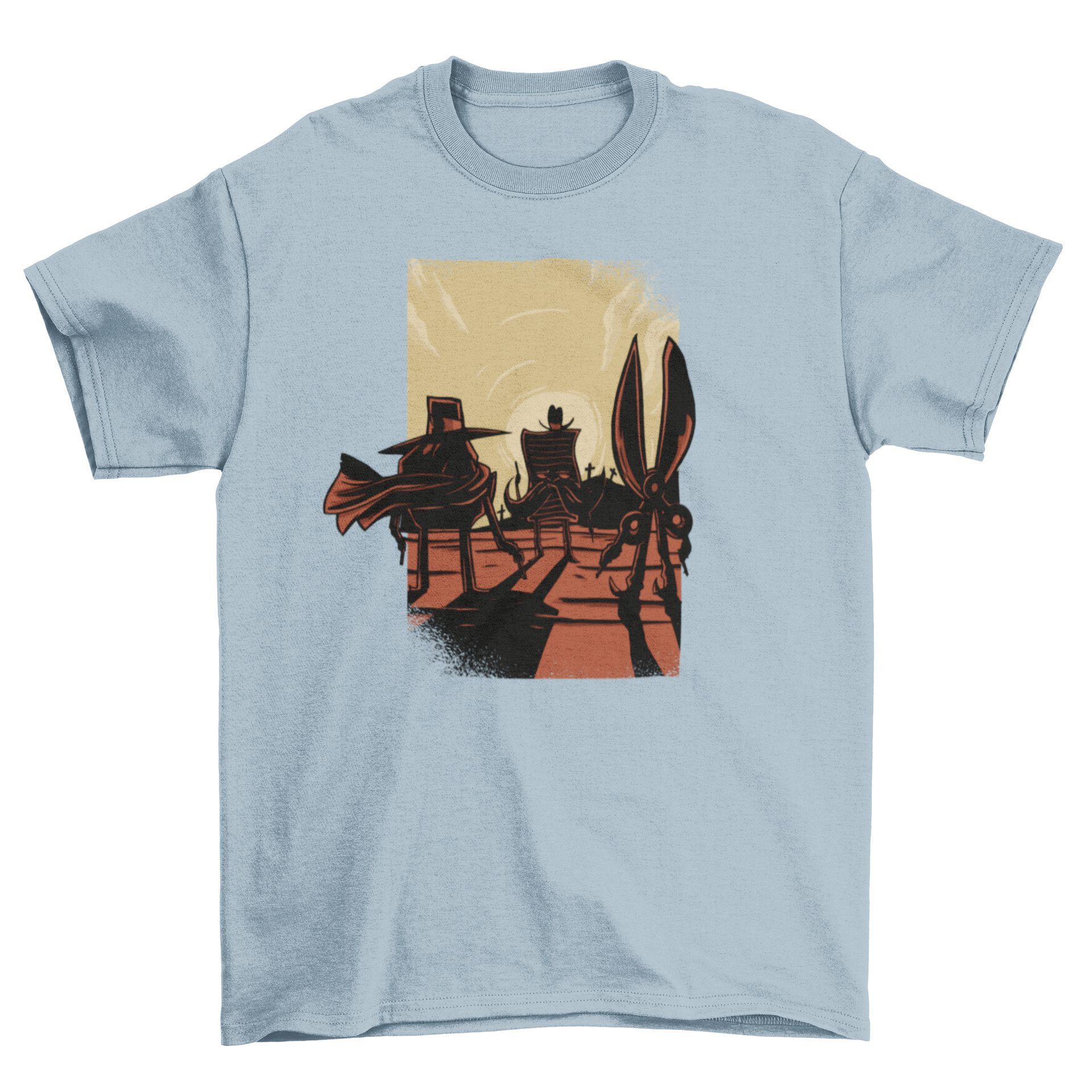 Rock Papers Scissors Funny T-shirt featuring a Western scene design with rock, paper, and scissors illustrations.