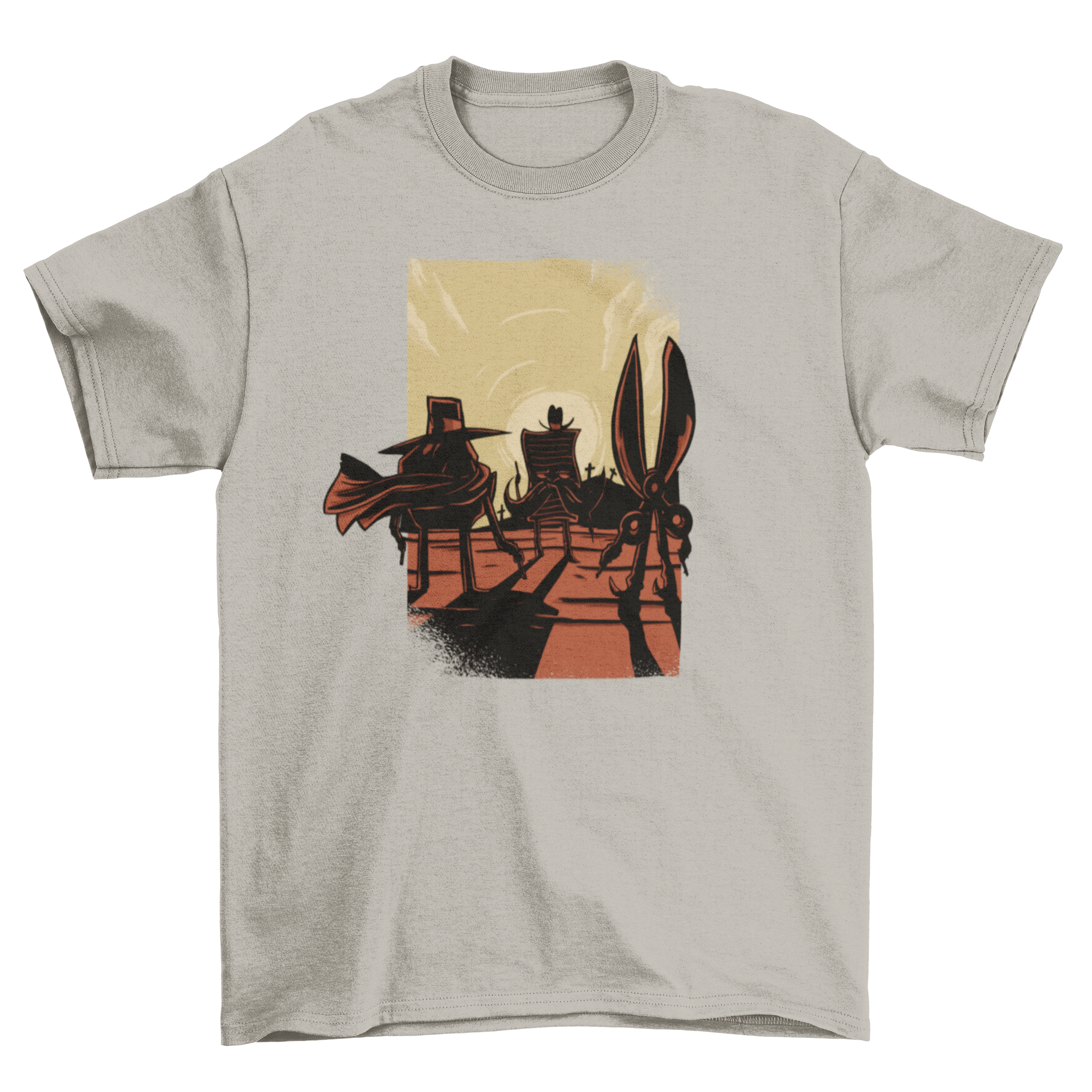 Rock Papers Scissors Funny T-shirt featuring a Western scene design with rock, paper, and scissors illustrations.