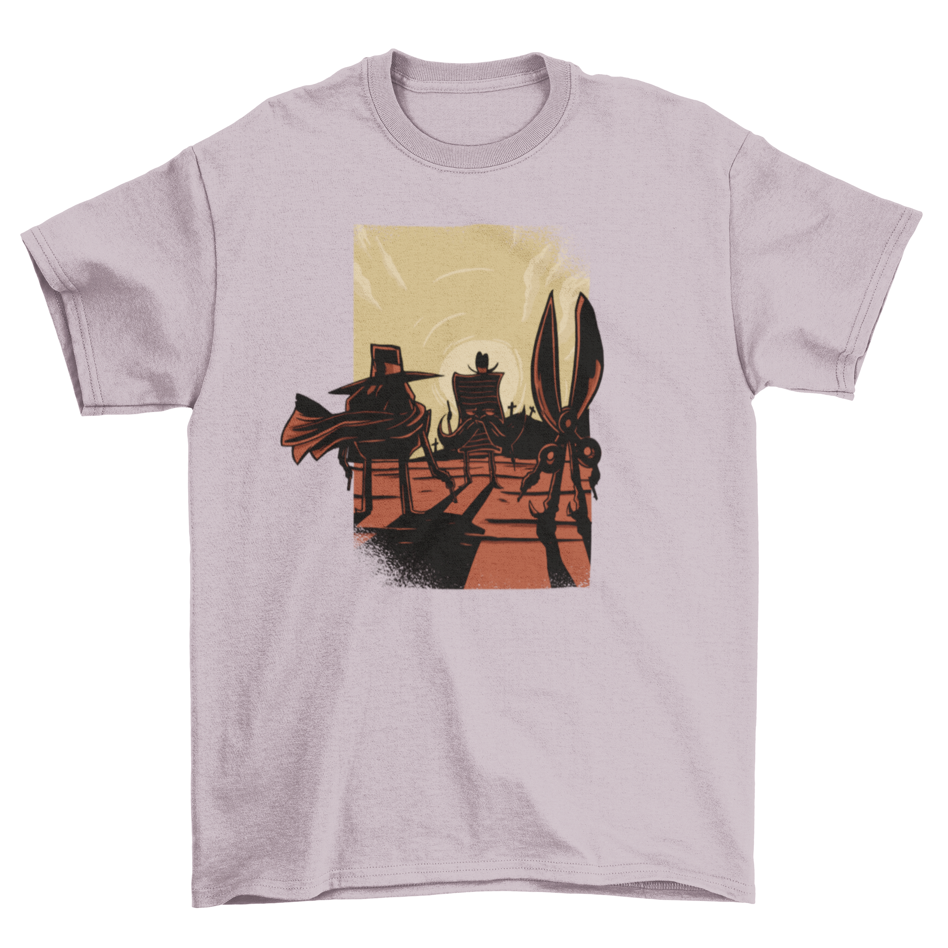 Rock Papers Scissors Funny T-shirt featuring a Western scene design with rock, paper, and scissors illustrations.