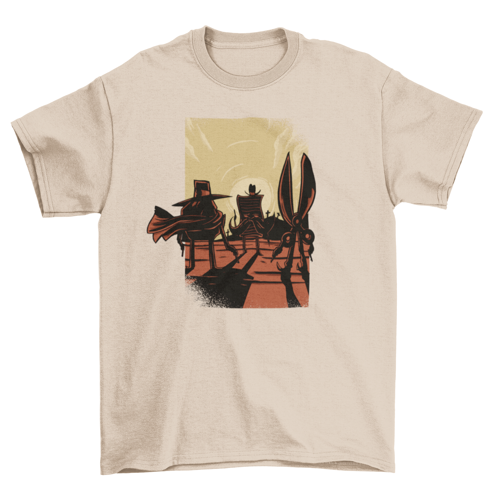 Rock Papers Scissors Funny T-shirt featuring a Western scene design with rock, paper, and scissors illustrations.